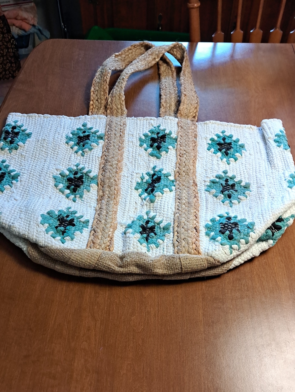 POL Cream and Teal Tote Bag 24 X 17